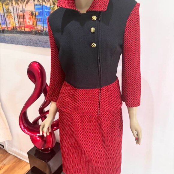 St John skirt suit red black novelty embellished career 8 Medium set - Picture 1 of 3